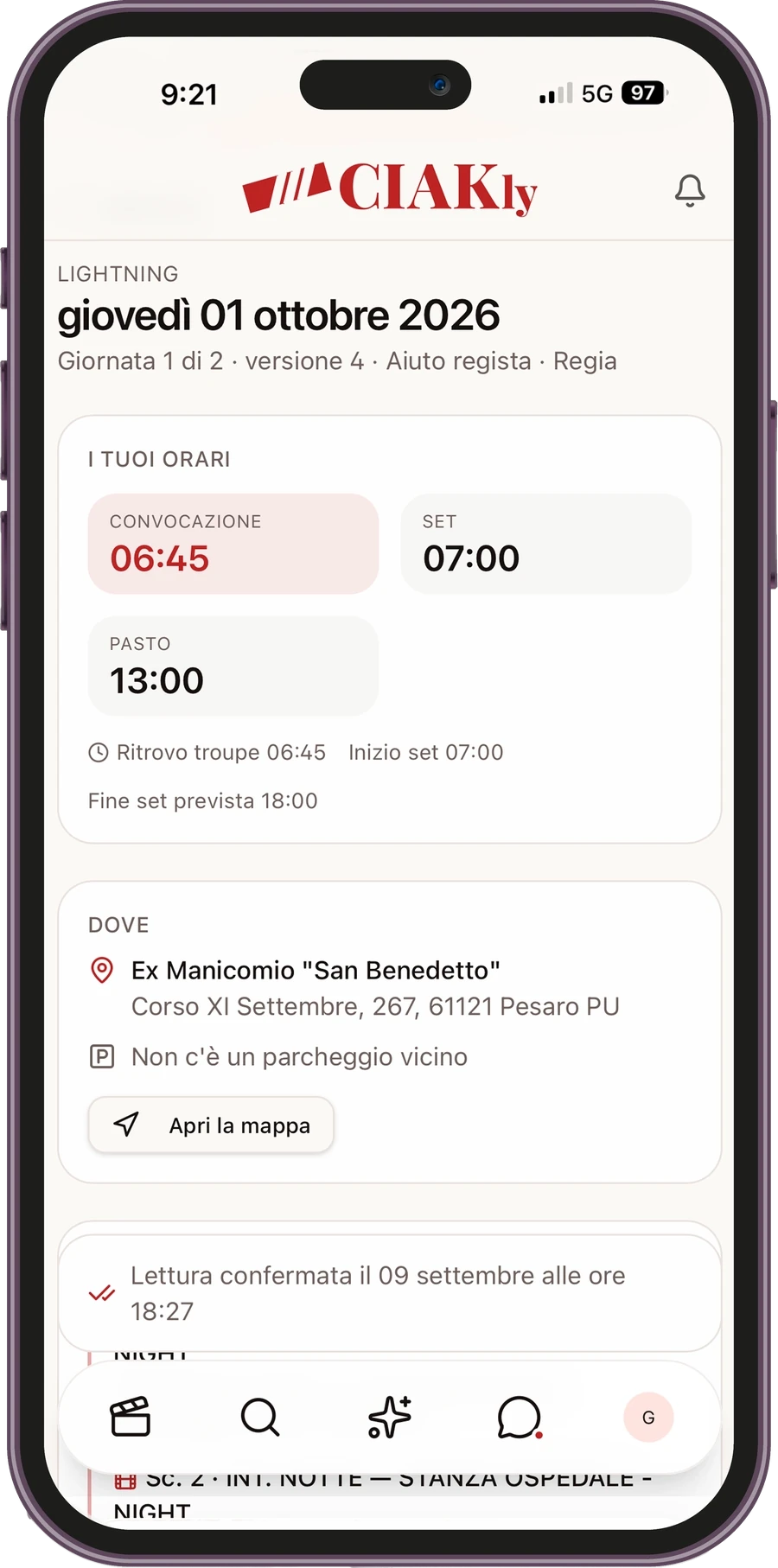 Ordine del giorno CIAKly aperto su un telefono